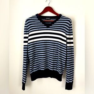 Express Mens Cotton‎ Long Sleeve V Neck Blue Navy White Striped Sweater Size L